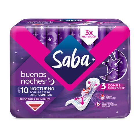 Saba Buenas Noches Toallas Femeninas Extra Largas Sin Alas Flujo Súper Abundante